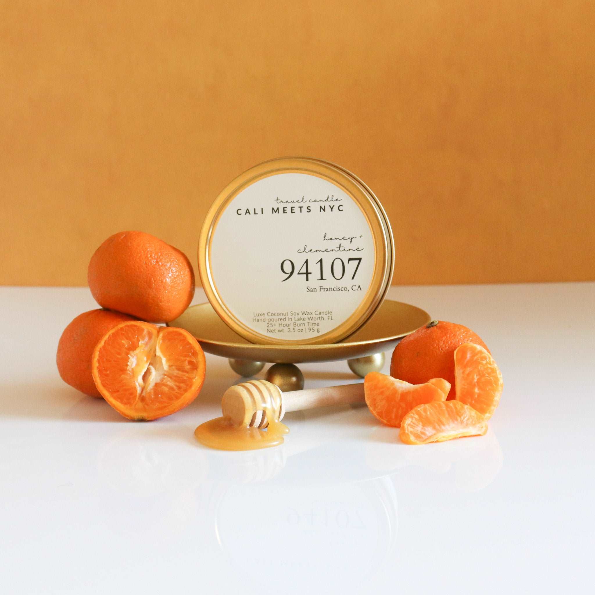 94107, Honey + Clementine Coconut Soy Candle Tin
