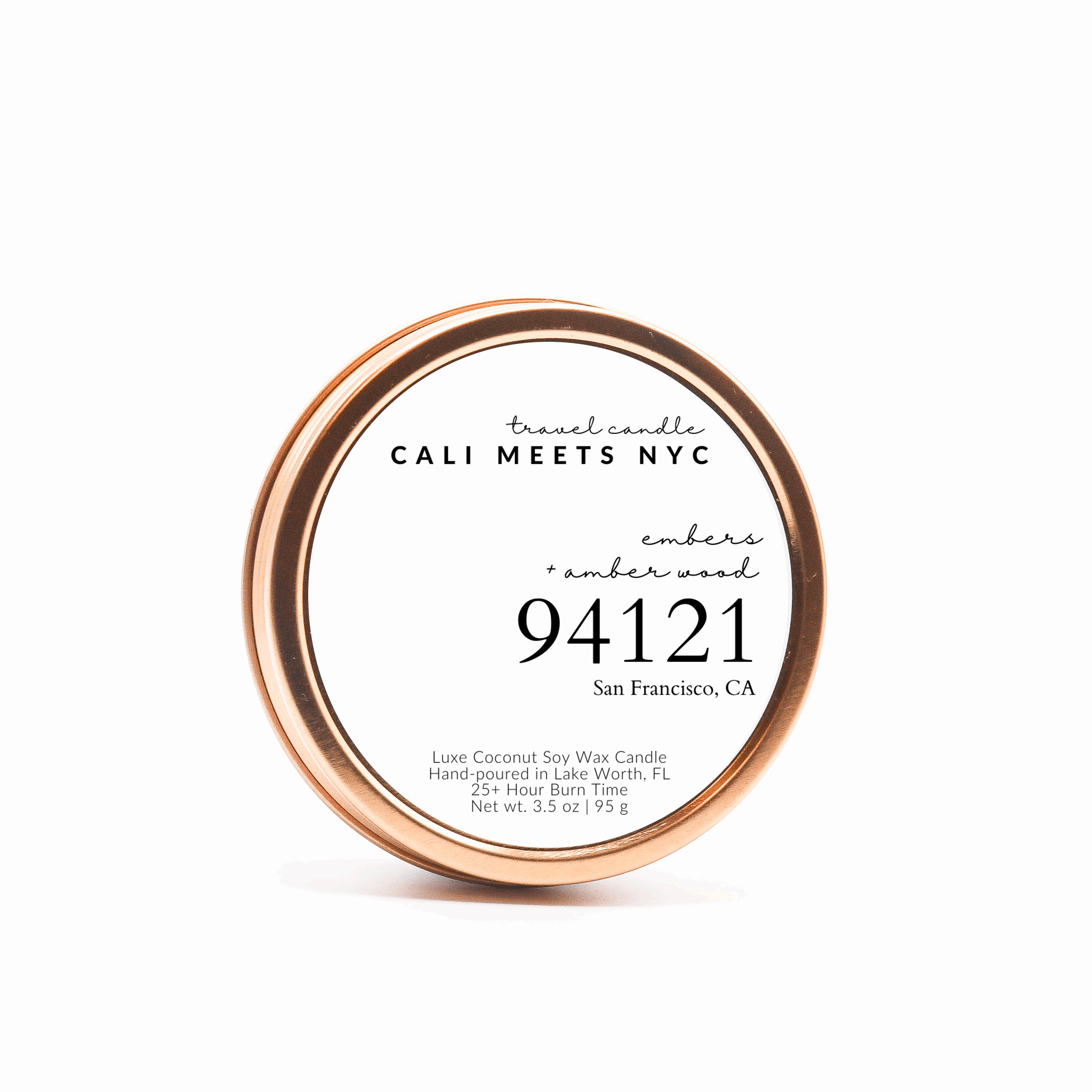 94121, Embers + Amber Wood Coconut Soy Candle Tin